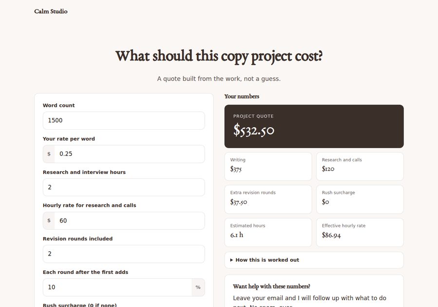 Copywriter's rate estimator