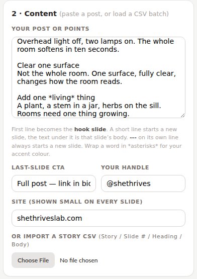 Content panel — paste a post or load a CSV
