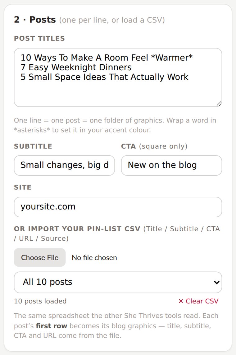The posts panel with a ten-post CSV loaded