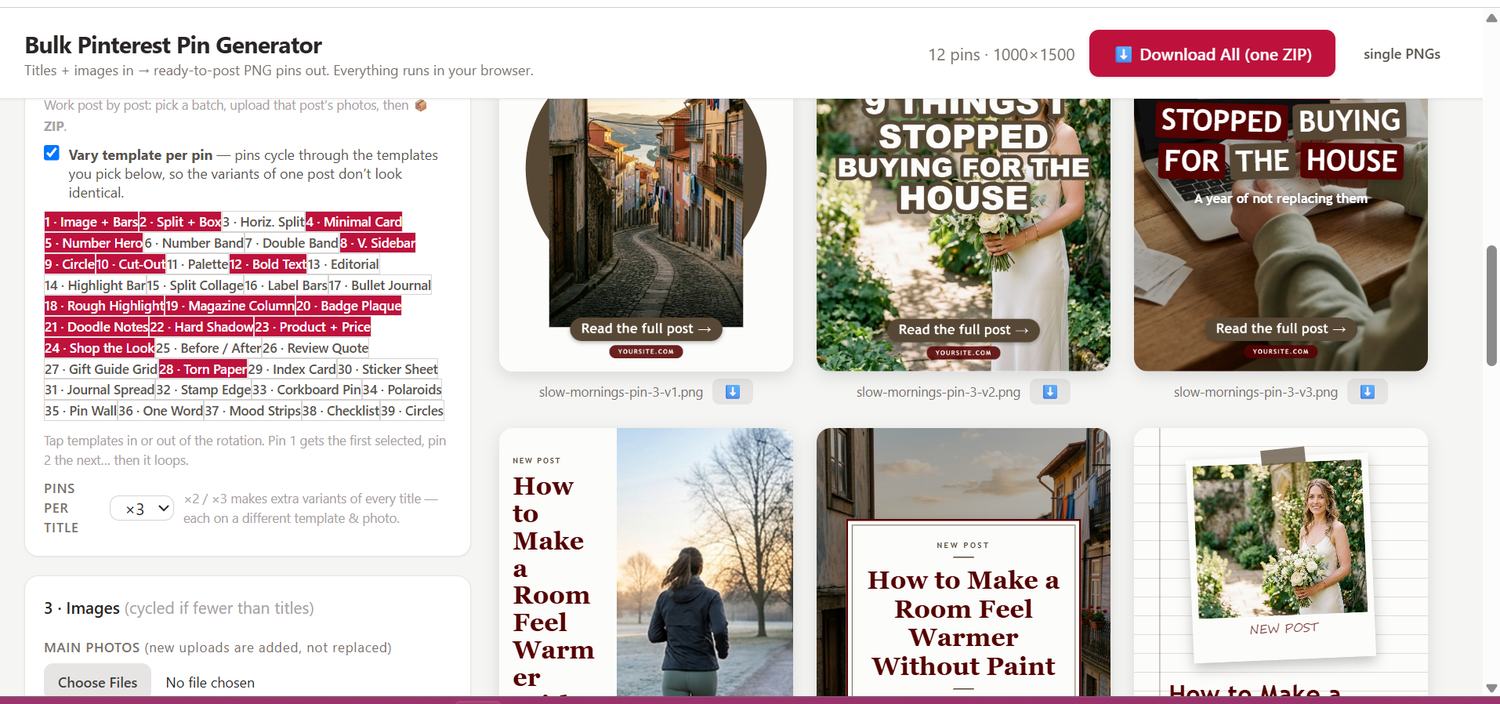 The template rotation picker set to three pins per title