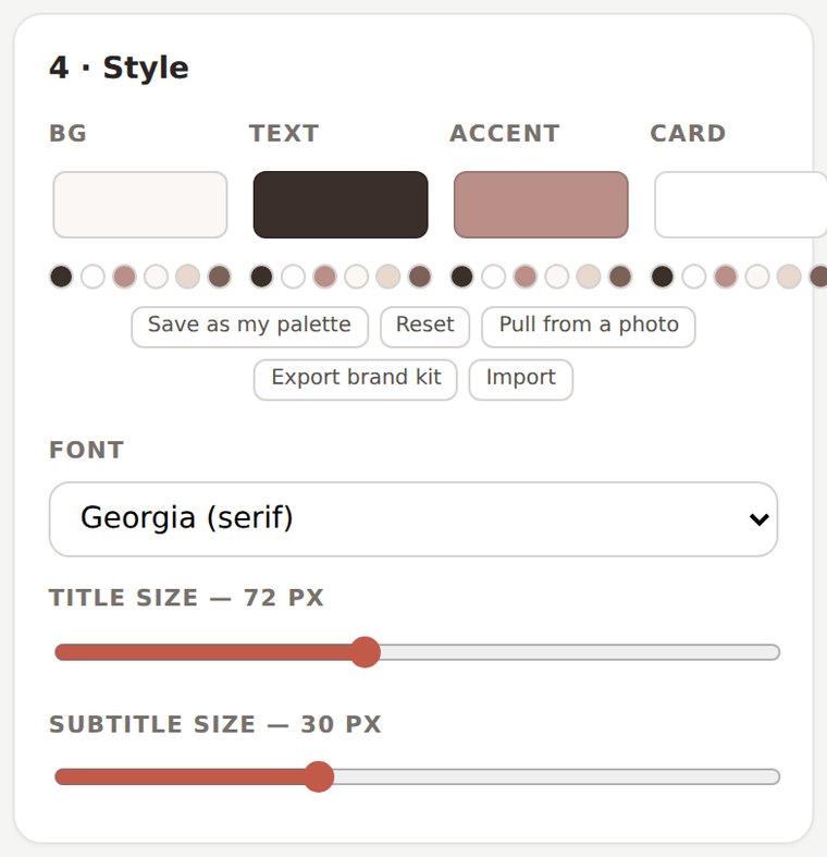 Style panel — brand colours, palette dots, fonts and sizes