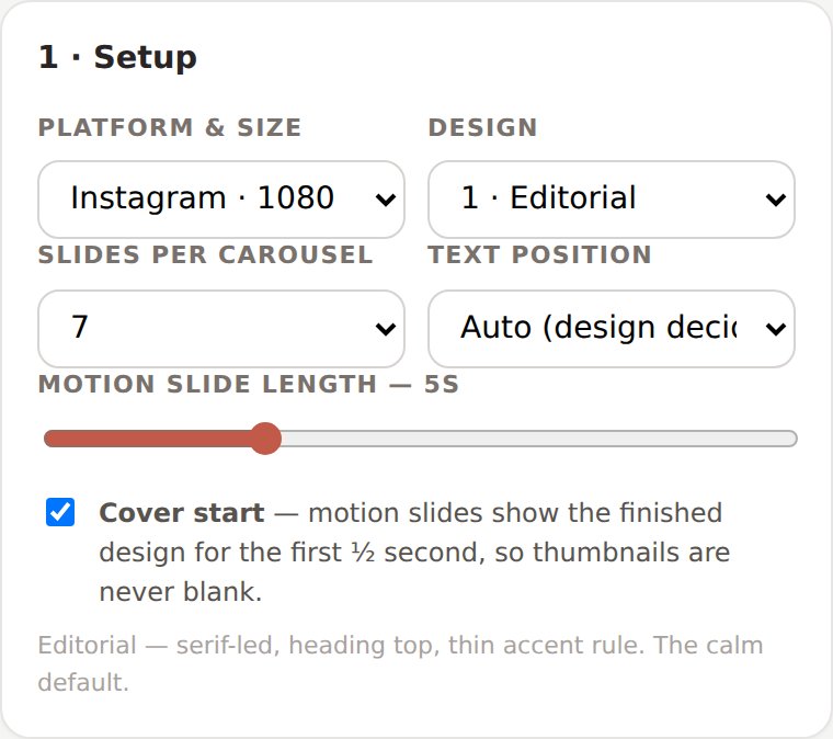 Setup panel — platform, design, slides per carousel, text position