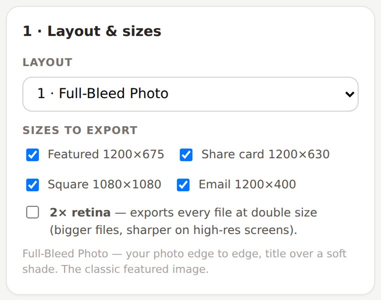 Layout and sizes panel — twelve layouts, four size ticks, retina toggle