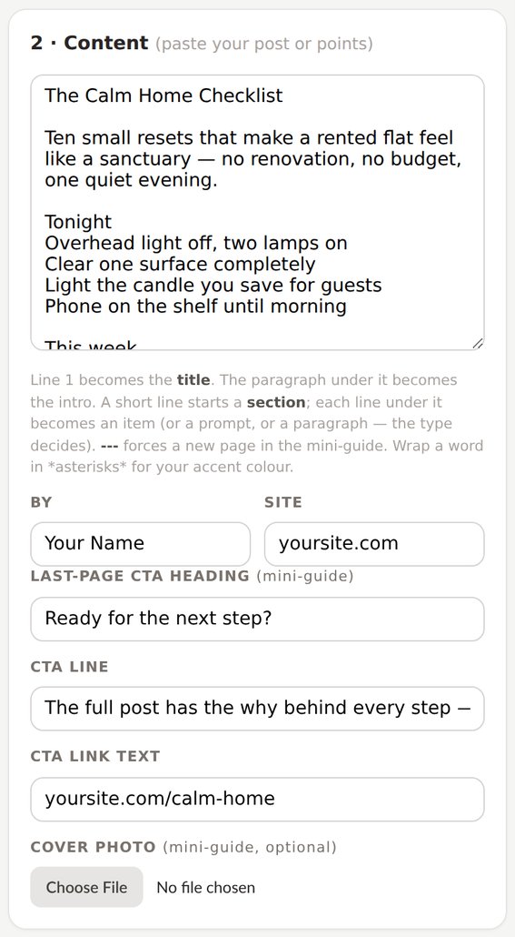 Content panel — paste your post, set your name, site and CTA