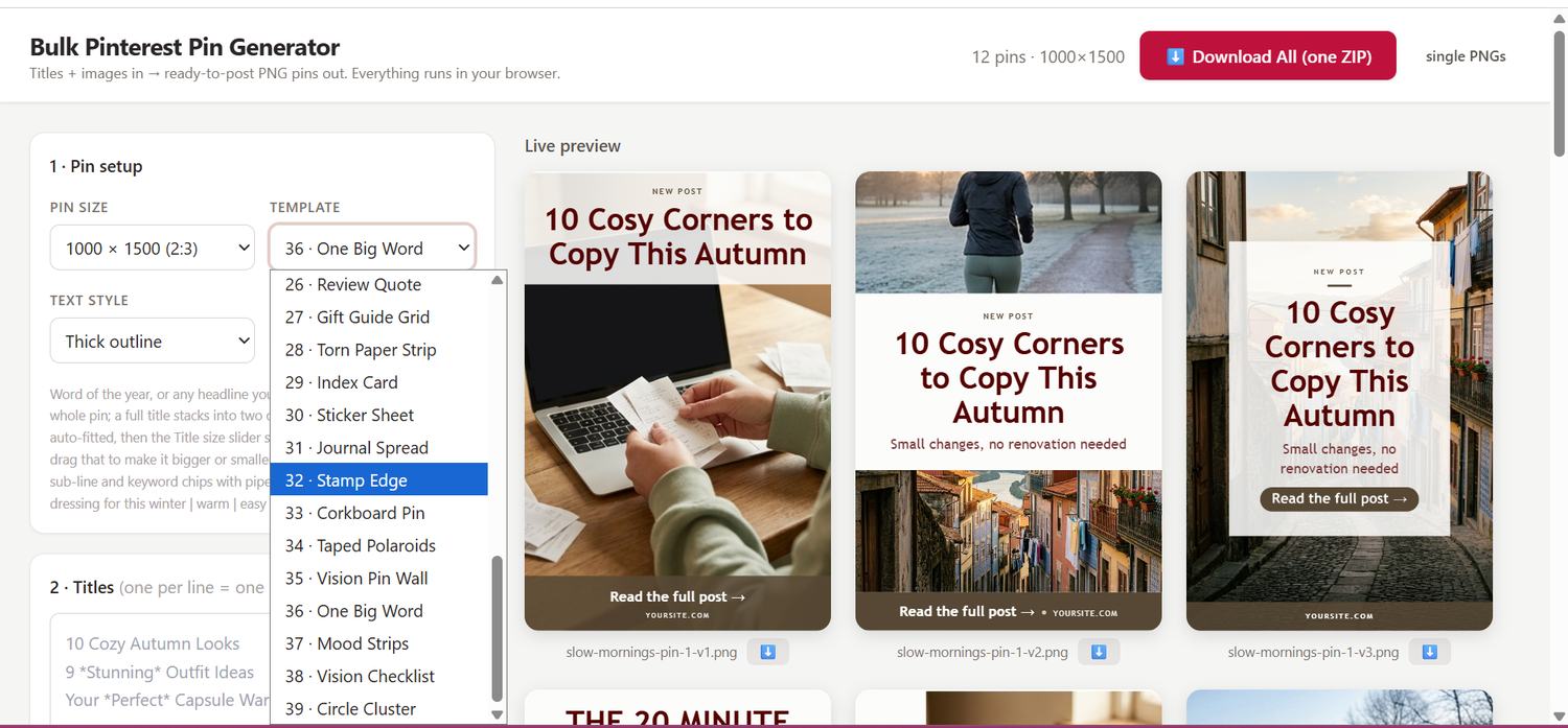 The template list open, three layouts previewing live