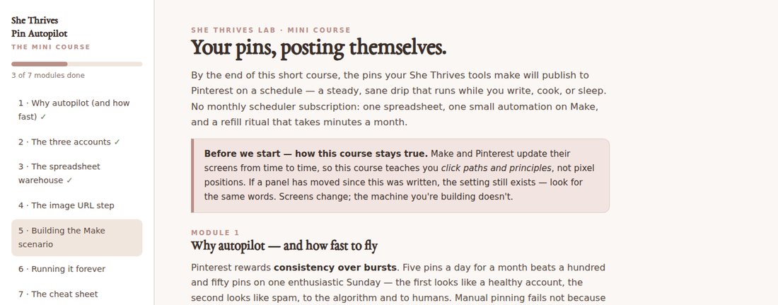 The course open in a browser: the module list on the left, the introduction on the right