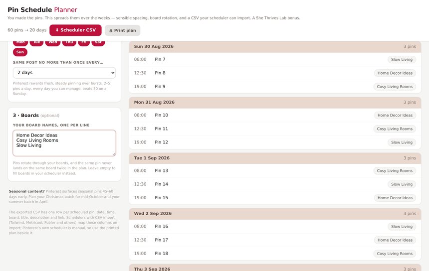 The Pin Schedule Planner bonus tool