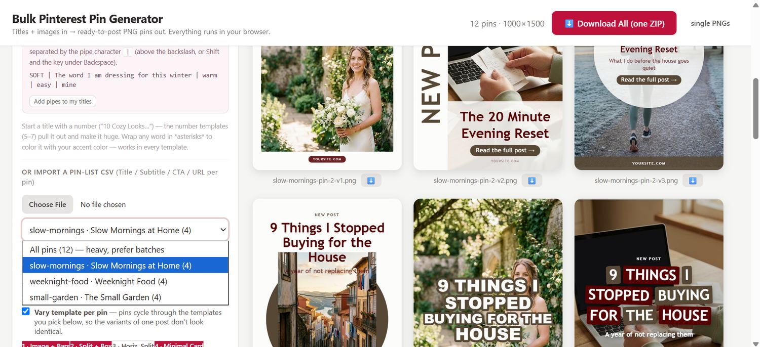 A pin list imported and grouped by blog post