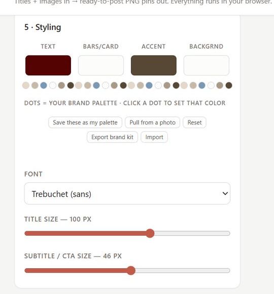 The styling panel with a saved brand palette