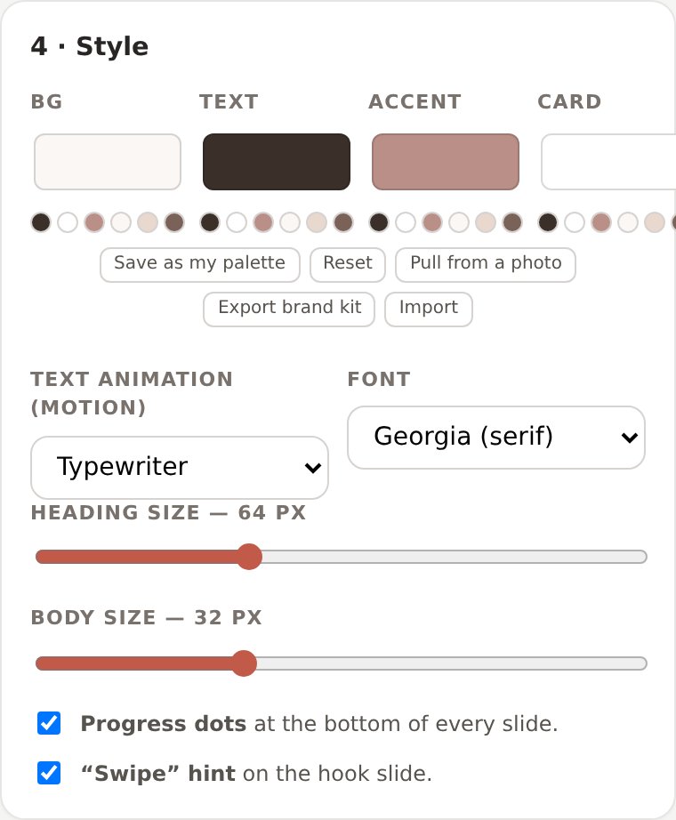 Style panel — brand colours, text animation, fonts and sizes