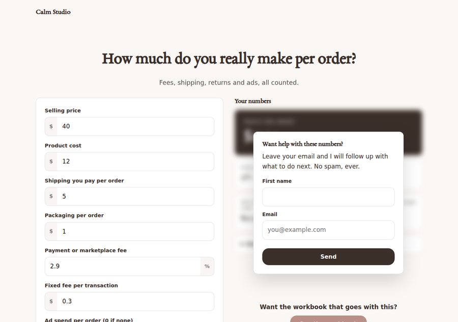 A gated calculator: results blurred until the form is sent