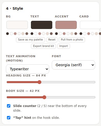 Style panel — brand colours, text animation, fonts and sizes