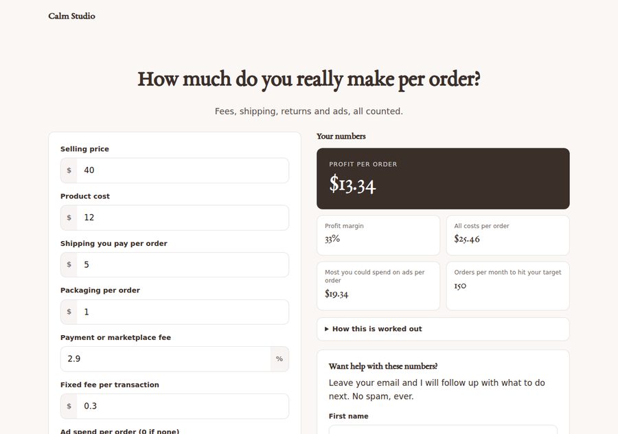 E-commerce profit margin calculator exported from the Calculator Suite