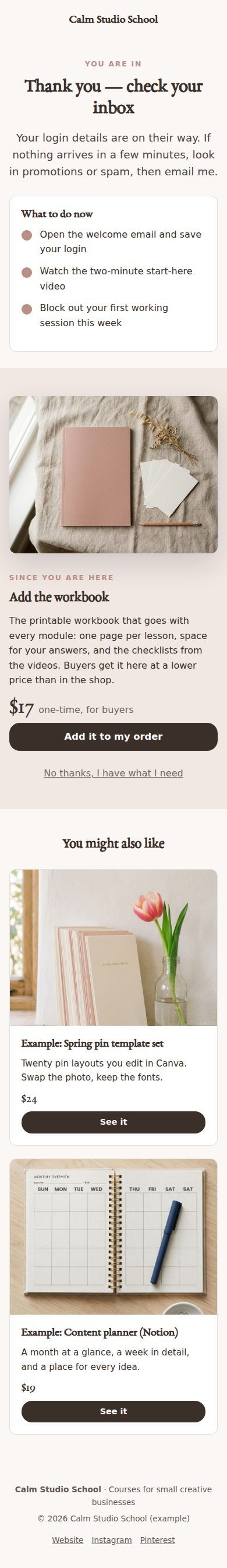 A thank-you page on a phone, from an example project