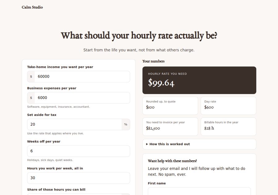 Hourly rate finder exported from the Calculator Suite