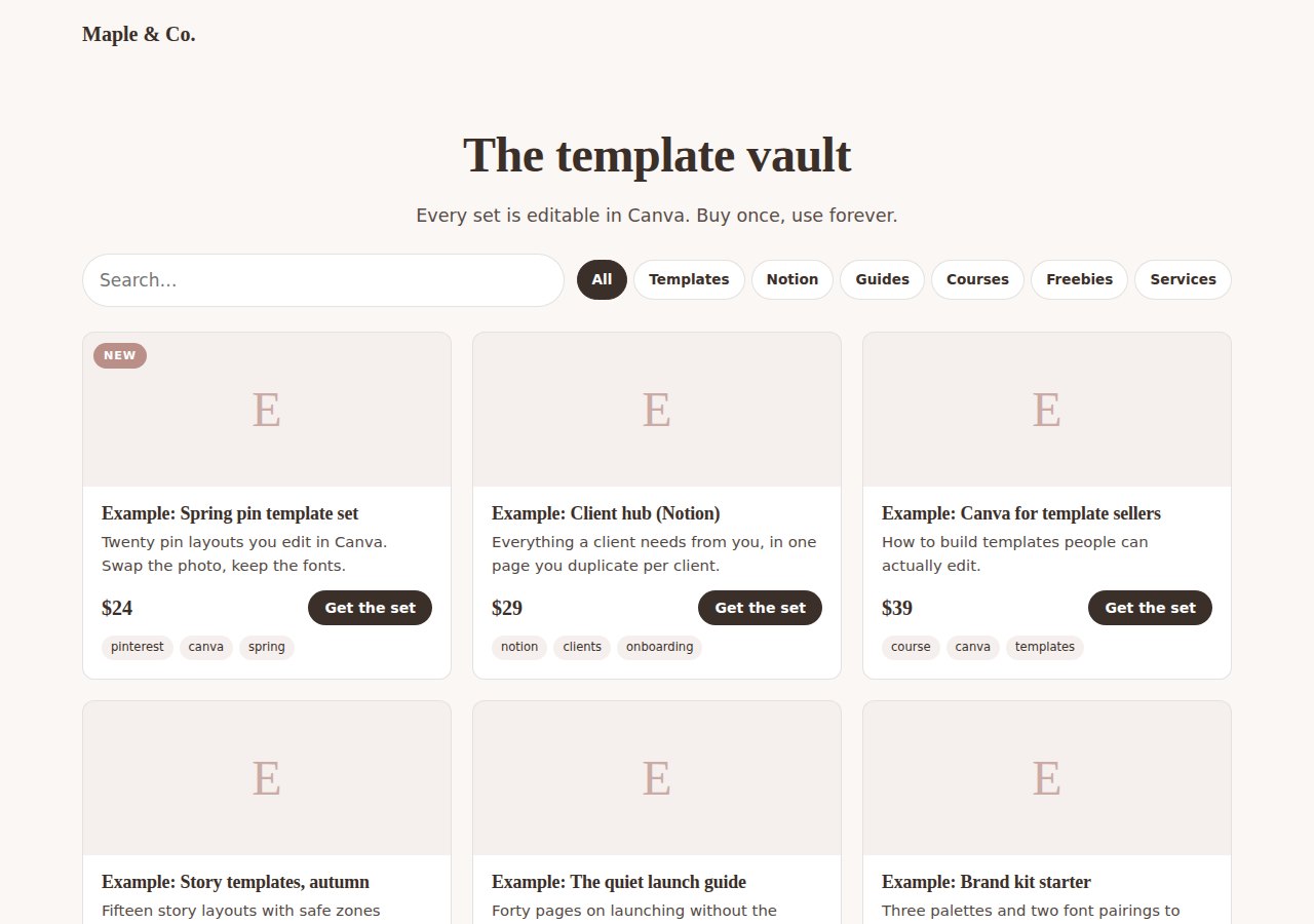 A shop page exported from Page Engine