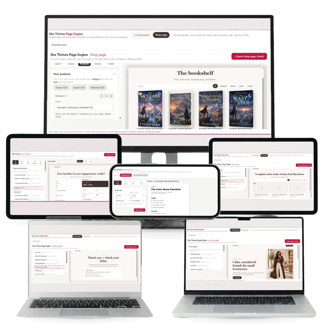 She Thrives Page Engine on a monitor, laptops, a tablet and a phone
